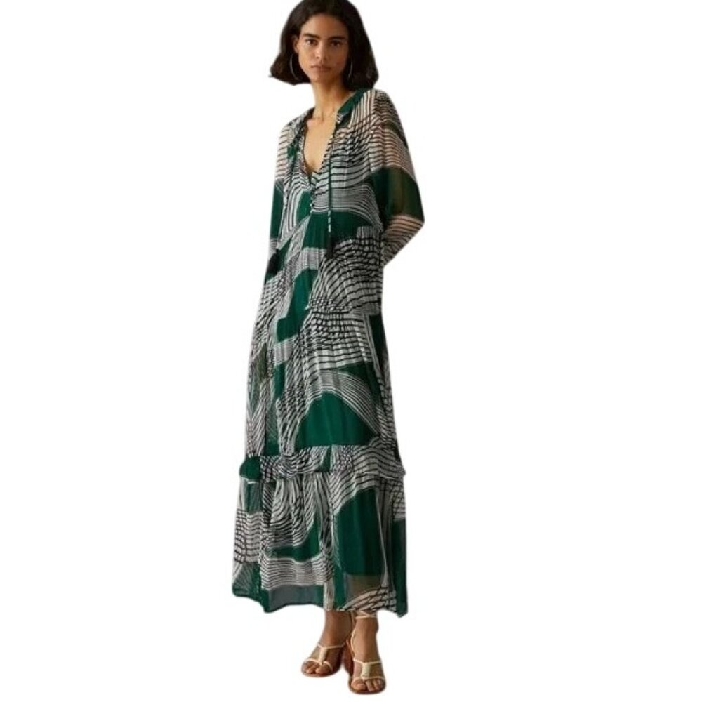 Anthropologie Green and Black Patterned Maxi Dress